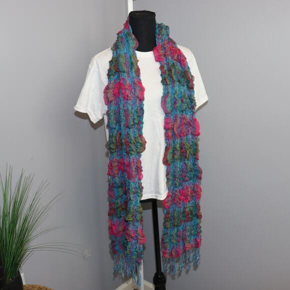 Colorful Ruffled Knit Scarf Multicolor Boho Artistic Long Fringe - Picture 1 of 2